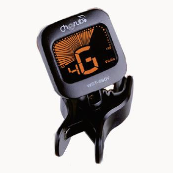 A black digital violin/chamberlain tuner with an orange display screen showing '46' and the Churuba brand name, mounted on a black clip against a light gray background.