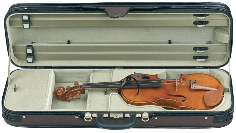 GEWA Cambridge Violin Case, brown with light green interior and a violin inside