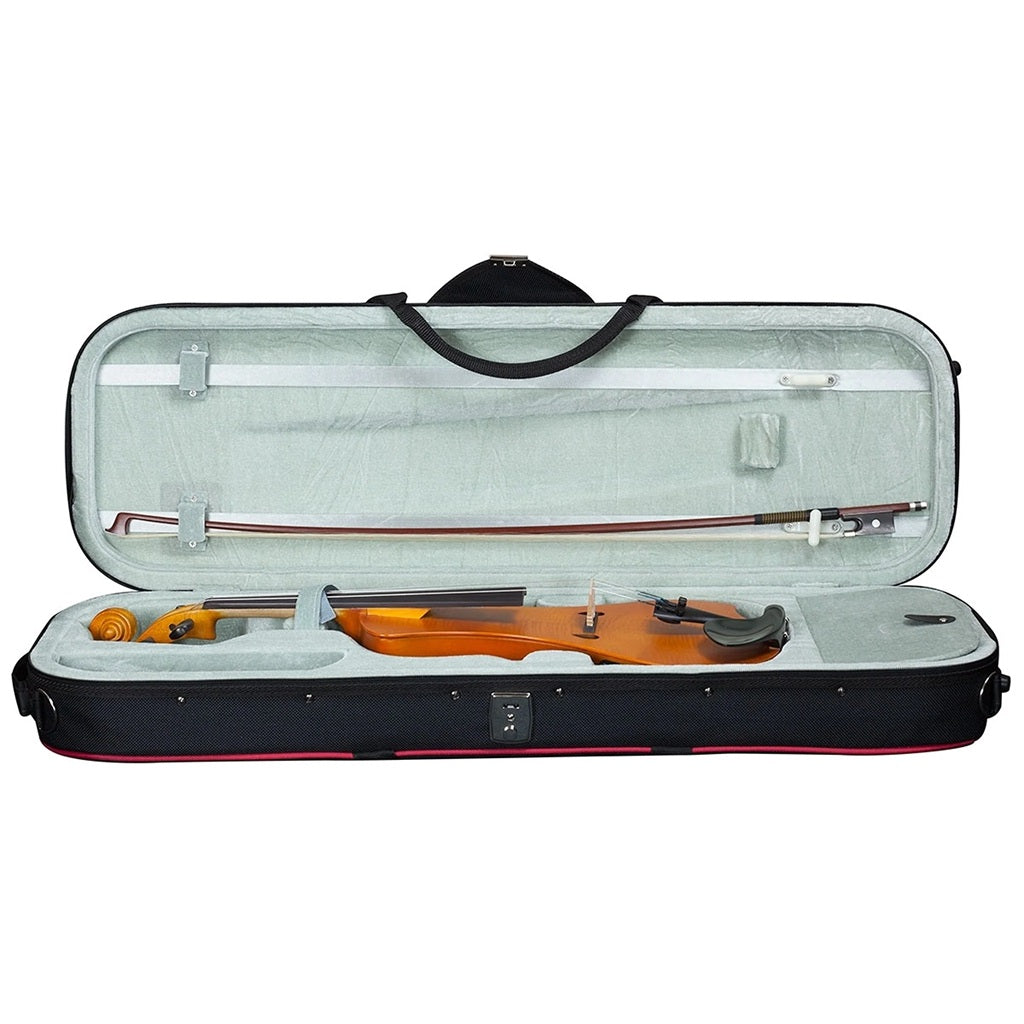Electric violin and a bow in an open case