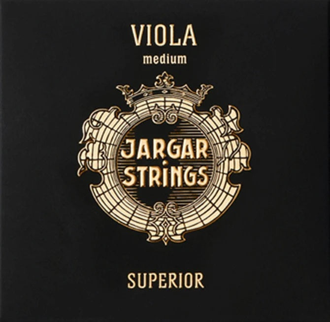 Jargar Strings viola string set packaging with decorative emblem on a black background