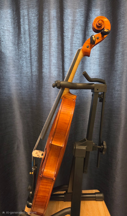 Side view of a glossy brown violin resting on a stand.