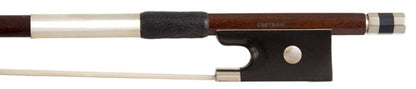 Violin bow with wooden frog and silver metal parts on a white background