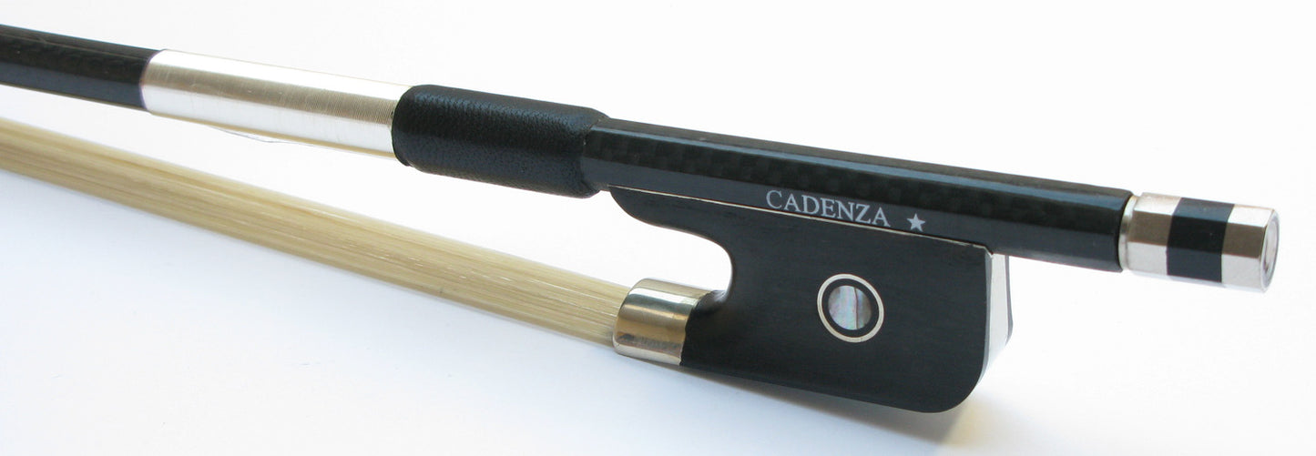 Viola bow with black frog and silver components on a white background