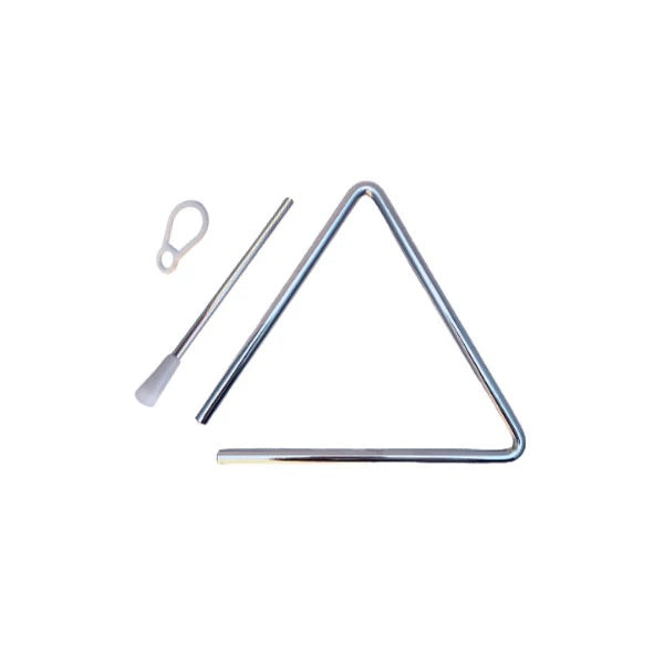 Metal triangle with a mallet on a white background