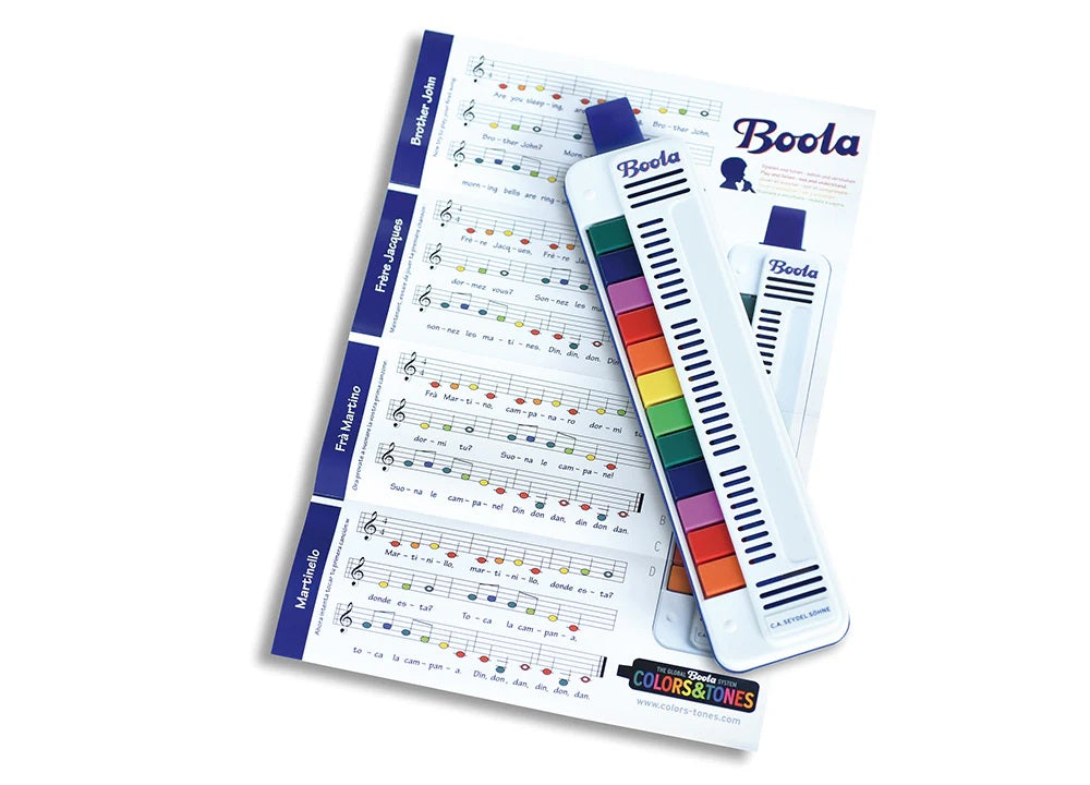 Music theory chart with rainbow color swatch and 'Boola' branding on a white background