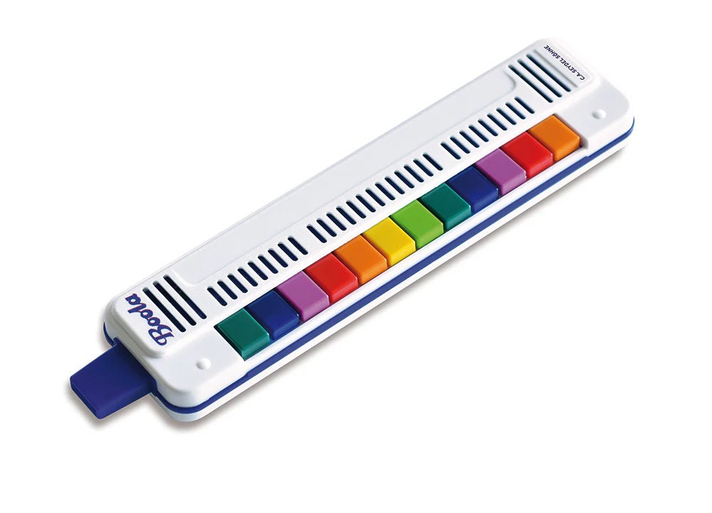 Colorful melodica with white casing on a white background