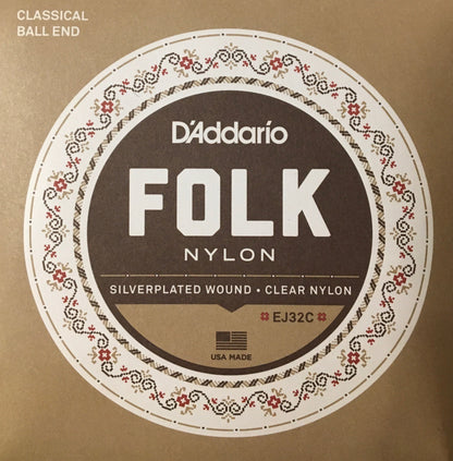 D'Addario EJ32C FOLK Nylon Ball End Guitar Strings, Silver Plated, Clear Nylon Strings, Bows & More