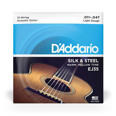 D'Addario acoustic guitar string set packaging with guitar image on a white background