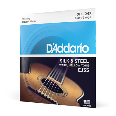 D'Addario acoustic guitar string set packaging with a guitar image on a white background