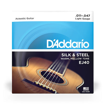 D'Addario acoustic guitar string set packaging with guitar image on a white background