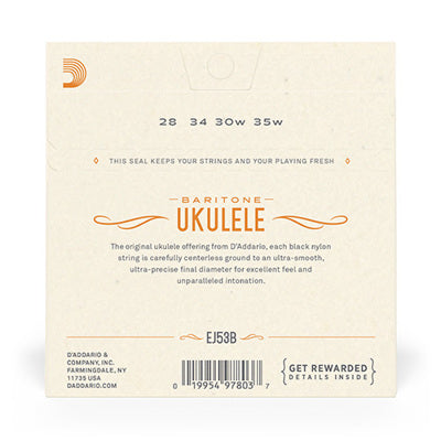 Back of a D'Addario baritone ukulele string package with text and branding.