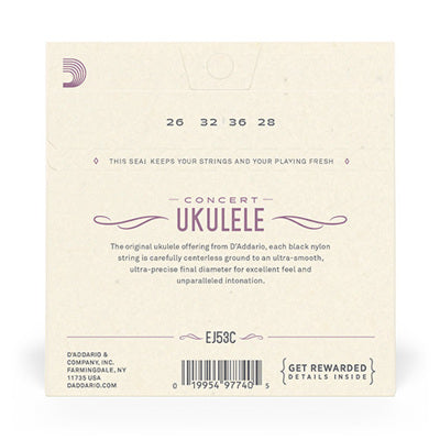 Ukulele string set packaging with brand information on a white background