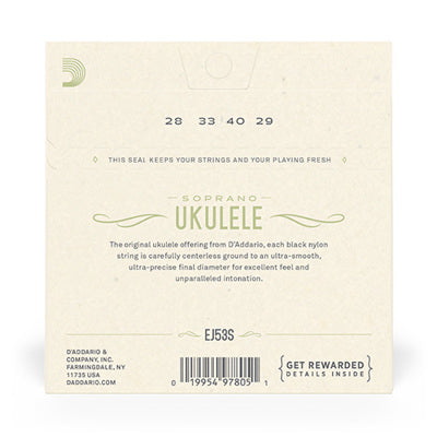 D'Addario ukulele string set packaging with text and product details.