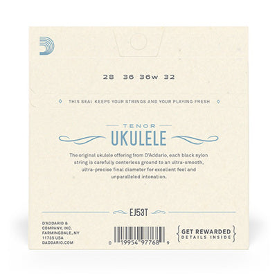 Back of a D'Addario ukulele string set packaging with text and branding.