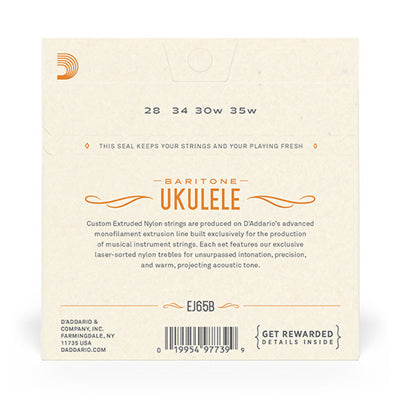 D'Addario baritone ukulele string set packaging with product details.