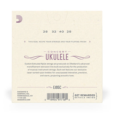 D'Addario ukulele string set packaging with product details on a white background