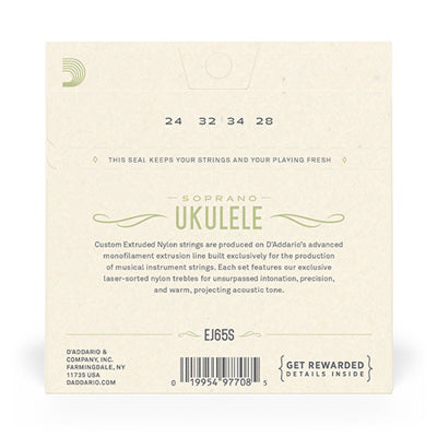 D'Addario soprano ukulele string set packaging with text and branding.