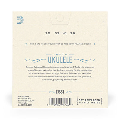 D'Addario ukulele string set packaging with product details on a white background