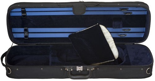 Black hard shell violin case with dark blue interior.