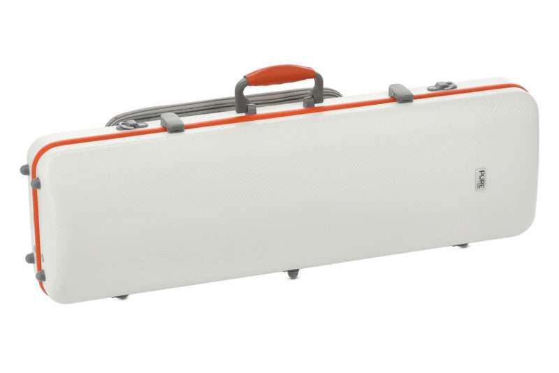 White oblong violin case with orange trim and handle.