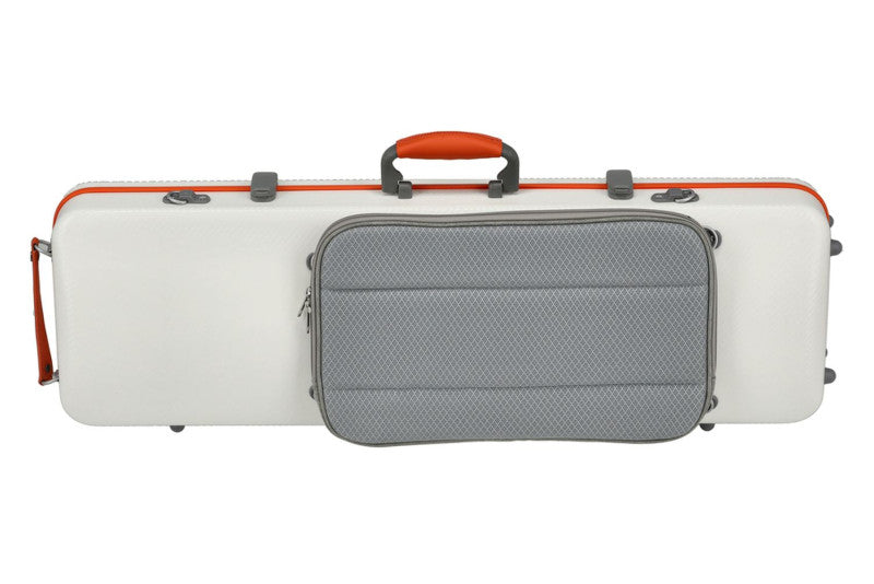 White oblong violin case with orange trim and handle, and grey music pocket.