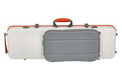 White oblong violin case with orange trim and handle, and grey music pocket.