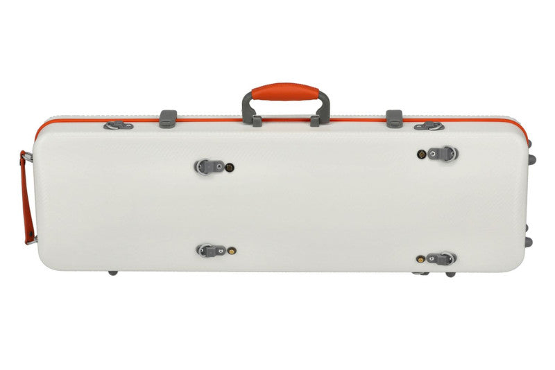 The back of white violin case with orange trim and handles