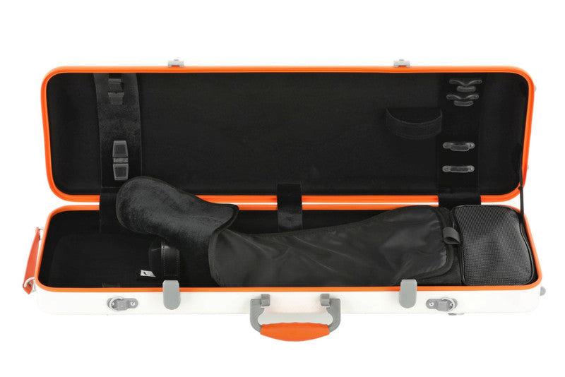 Open violin case with black interior, blanket and accessory pouch