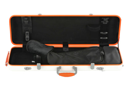 Open violin case with black interior, blanket and accessory pouch