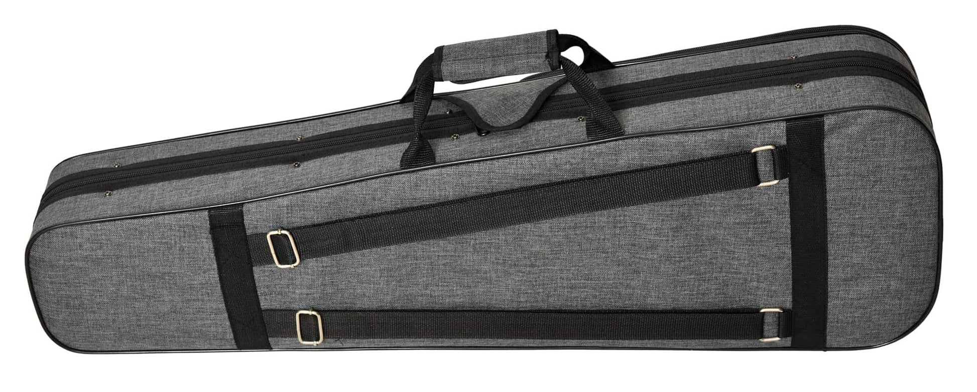 Gray violin case with black straps on a white background