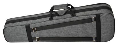 Gray violin case with black straps on a white background