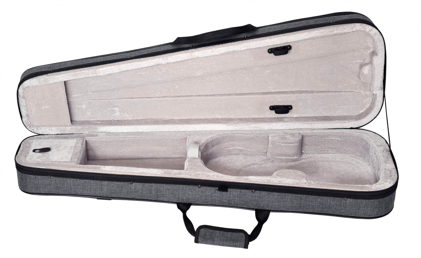 Open violin case with interior compartments on a white background