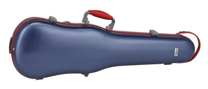 A blue violin case with a carbon fiber pattern texture and red trim, featuring a top handle and shoulder strap, shown against a plain white background.