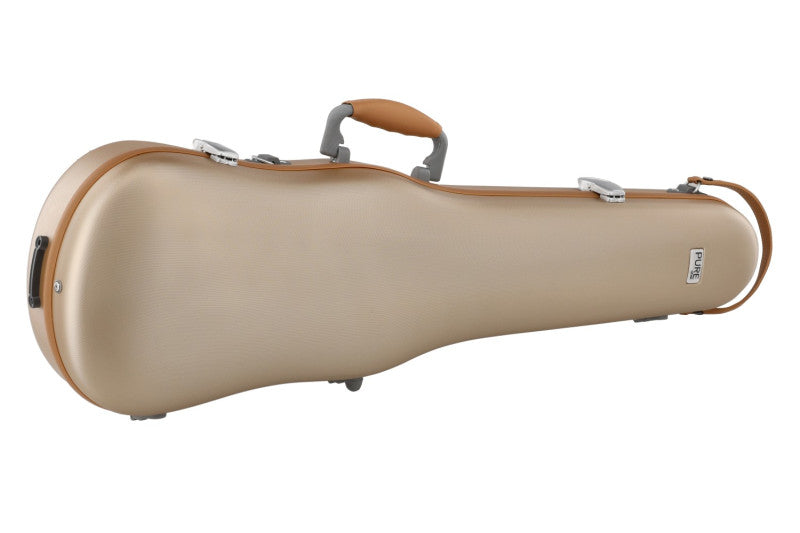 A beige violin case with brown leatherette trim and handle, shown from a side profile on a white background.