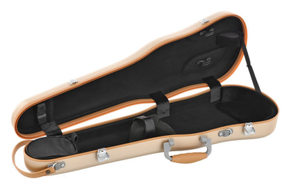 An open hard-shell violin case with a beige exterior, black interior padding, and silver metal latches, shown on a plain white background.