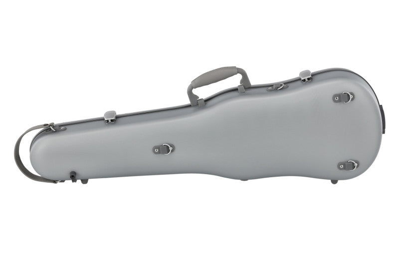 A light gray hard-shell instrument case, likely for a violin or cello, shown from a side profile on a solid white background.