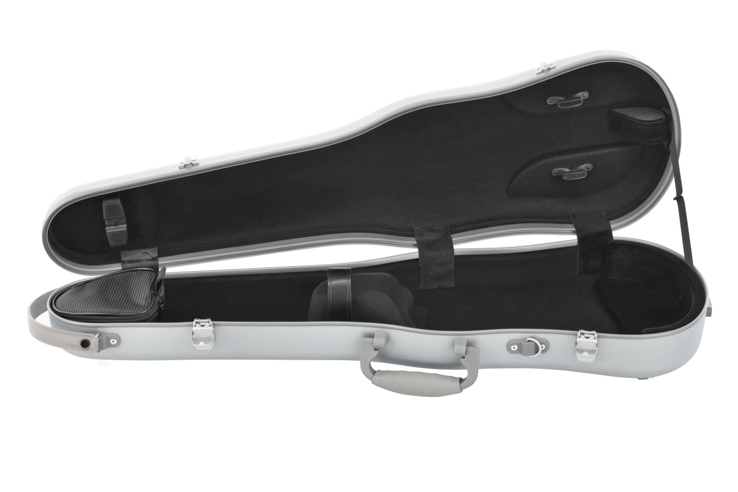 An open hard guitar or violin case with a silver exterior and black interior padding, shown against a plain white background.