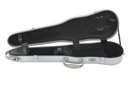 An open hard guitar or violin case with a silver exterior and black interior padding, shown against a plain white background.