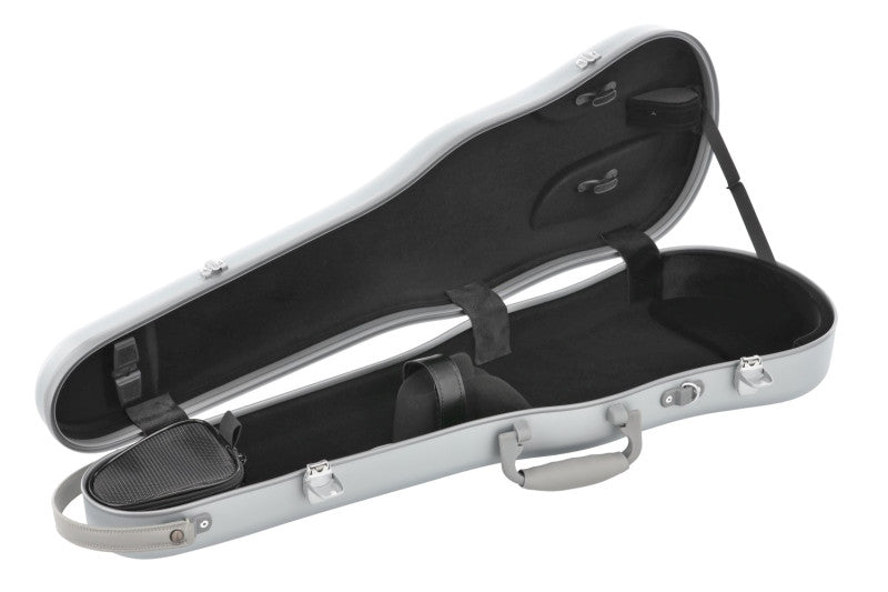 An open hard-shell instrument case with a silver exterior and black interior padding, shown on a plain white background.