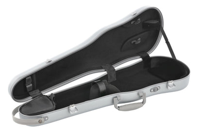 An open hard-shell instrument case with a silver exterior and black interior padding, shown on a plain white background.