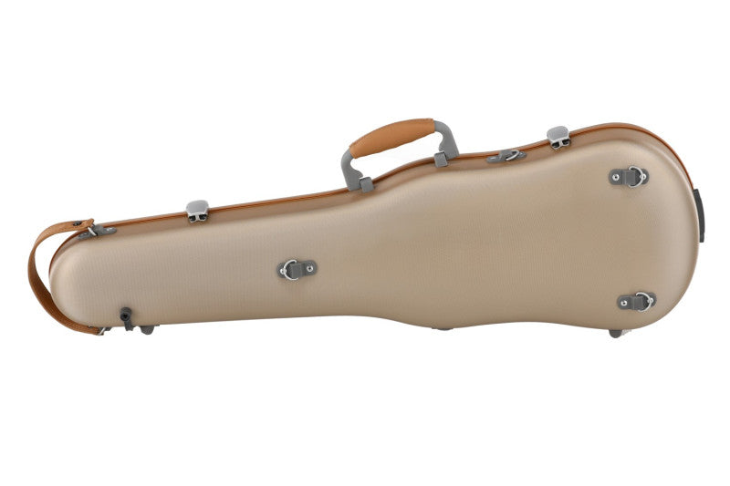 A beige violin case with brown leather trim and silver metal buckles, shown from a side profile view on a white background.