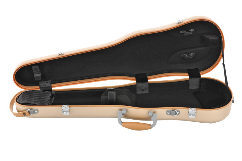 An open hard-shell instrument case with a tan exterior, black padded interior, and silver metal latches and handles, shown on a plain white background.