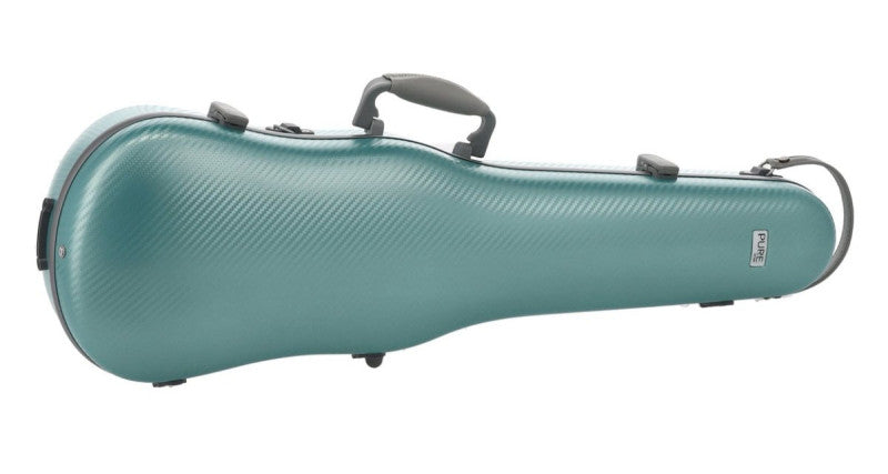 A teal hard violin case with a textured carbon-fiber pattern, black handle, and black zipper pulls, shown on a plain white background.
