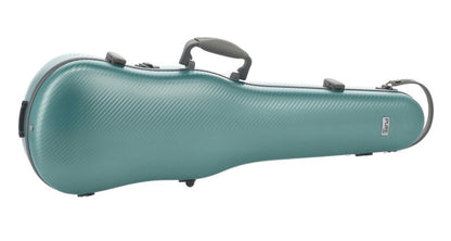 A teal hard violin case with a textured carbon-fiber pattern, black handle, and black zipper pulls, shown on a plain white background.
