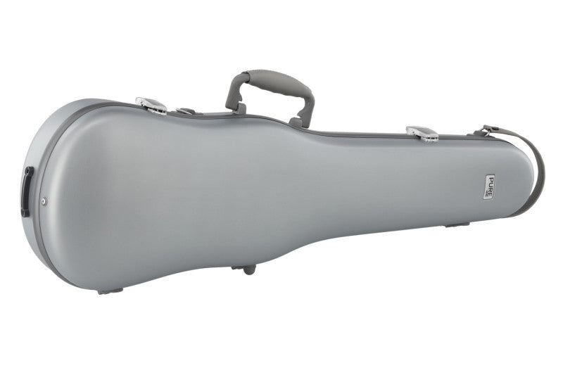 A gray hard-shell violin or viola case with a top handle and side strap, shown on a plain white background.