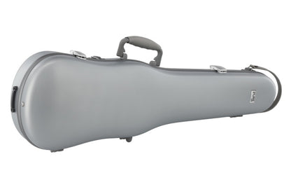A gray hard-shell violin or viola case with a top handle and side strap, shown on a plain white background.
