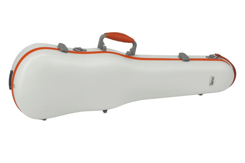 White violin case with orange trim on a white background