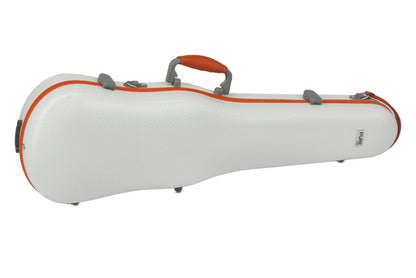 White violin case with orange trim on a white background