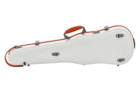 A white hard violin case with orange accents, including an orange handle and orange trim along the top edge, shown on a plain white background.