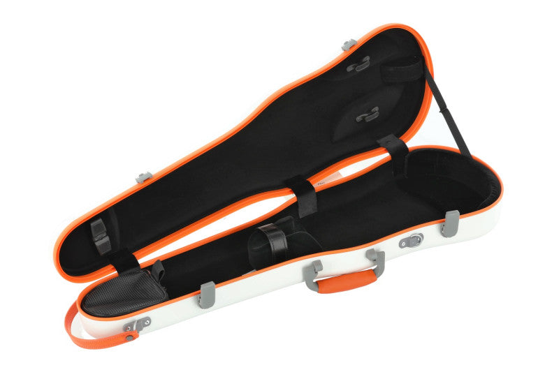 An open violin case with a white exterior, bright orange trim, and a black padded interior, shown on a plain white background.